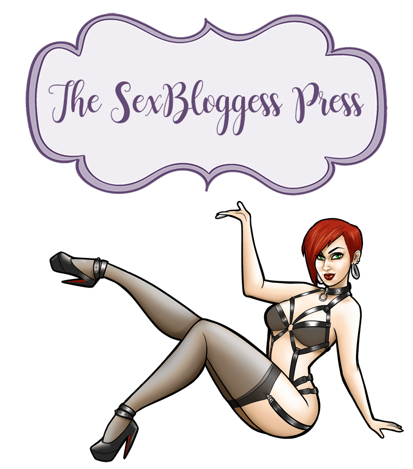 graphic of cartoon white woman with short red hair in black sheer lingerie in pin-up pose with text The SexBloggess Press above her