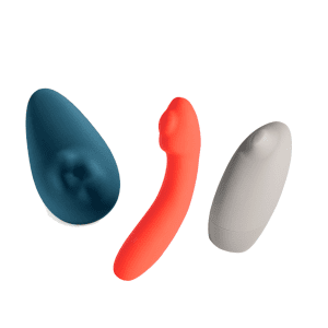 Picture of dark teal oval shaped vibrator with rolling ball-shaped stimulators under the surface, orange curved vibrator with elevated tip, grey oval shaped vibrator with small elevated bump at the top that pulsates